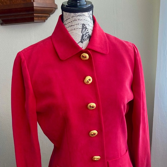 Dana Buchman Red Silk Jacket with Ladybug Buttons - Picture 1 of 6